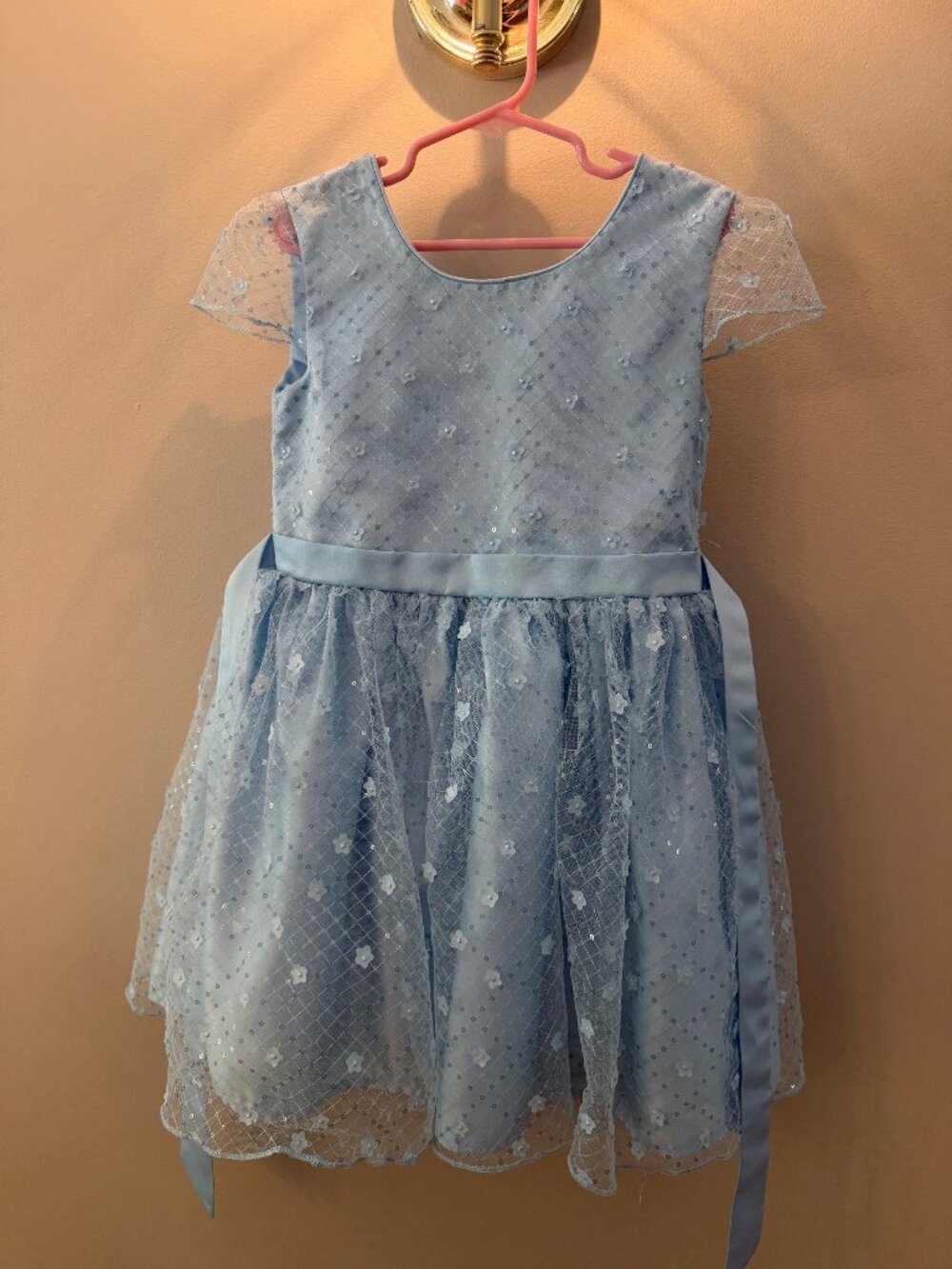 Jessica Simpson Girls Size 6 Light Blue Sequin Tulle Party Dress Floral Bow
